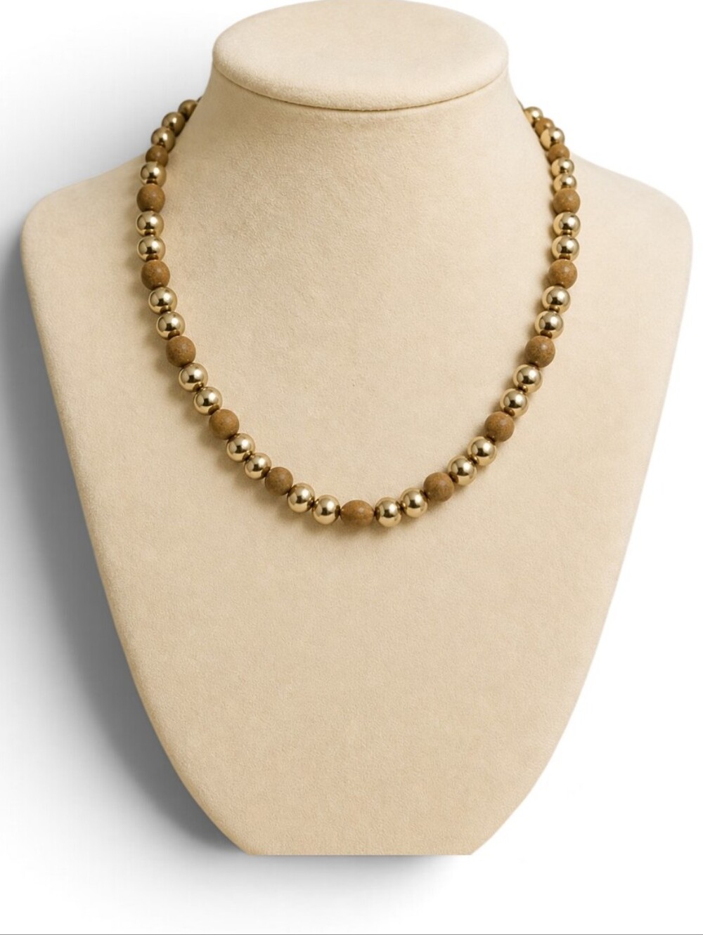Etienne Aigner Vintage Signed Gold Tone & Speckled Beige Bead Necklace
